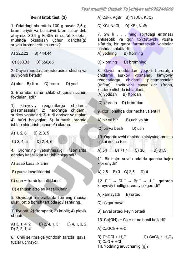 8-sinf kimyo testi savollari