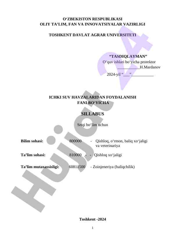 Ichki suv havzalaridan foydalanish fani sillabus