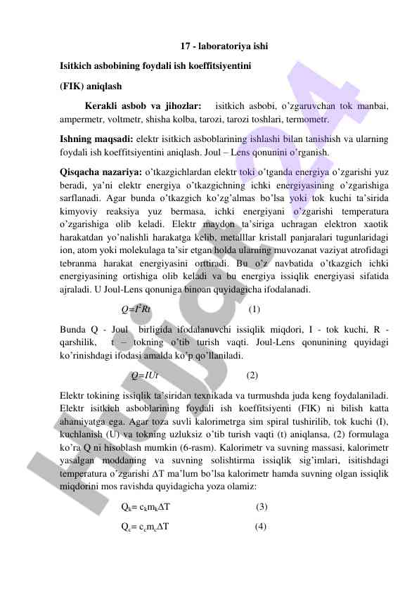 Isitkich asbobining foydali ish koeffitsiyentini aniqlash
