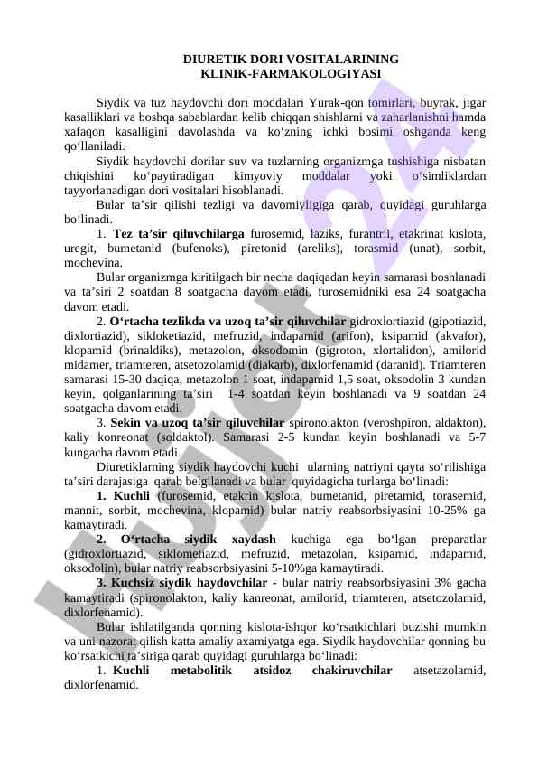 Diuretik dori vositalarining klinik-farmacologiyasi