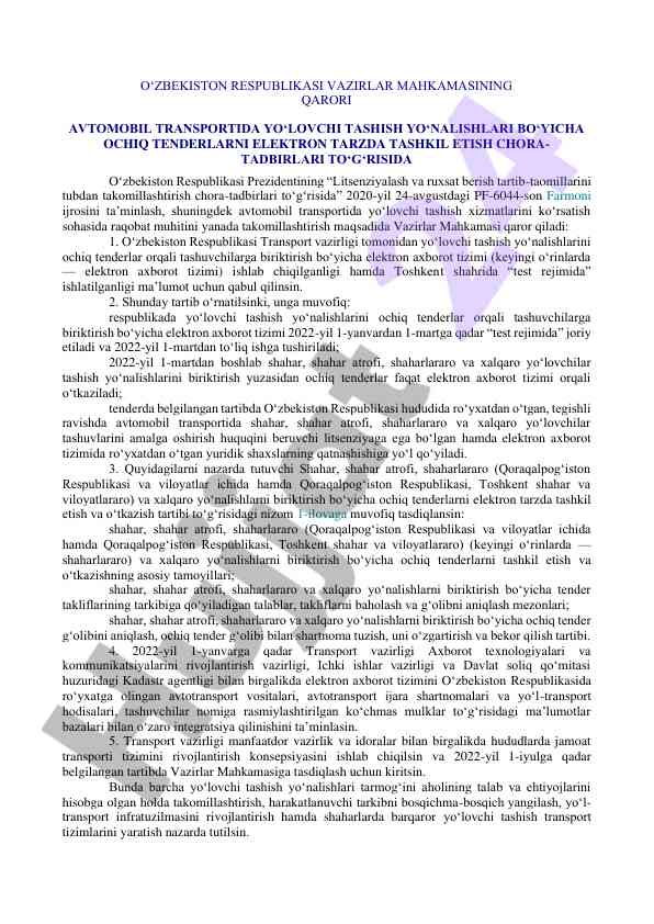 O‘zbekiston respublikasi vazirlar mahkamasining qarori