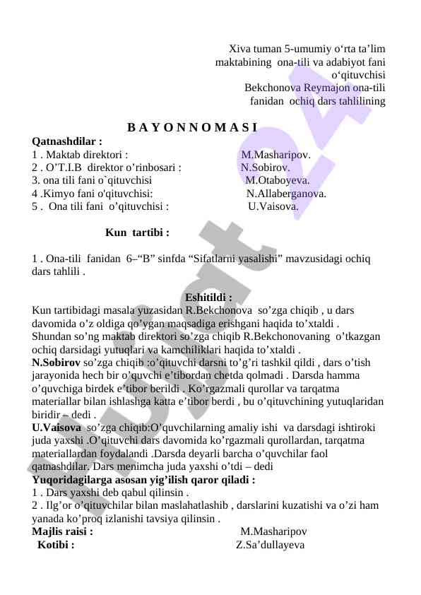 Ona tili fanidan ochiq dars tahlili bayonnomasi