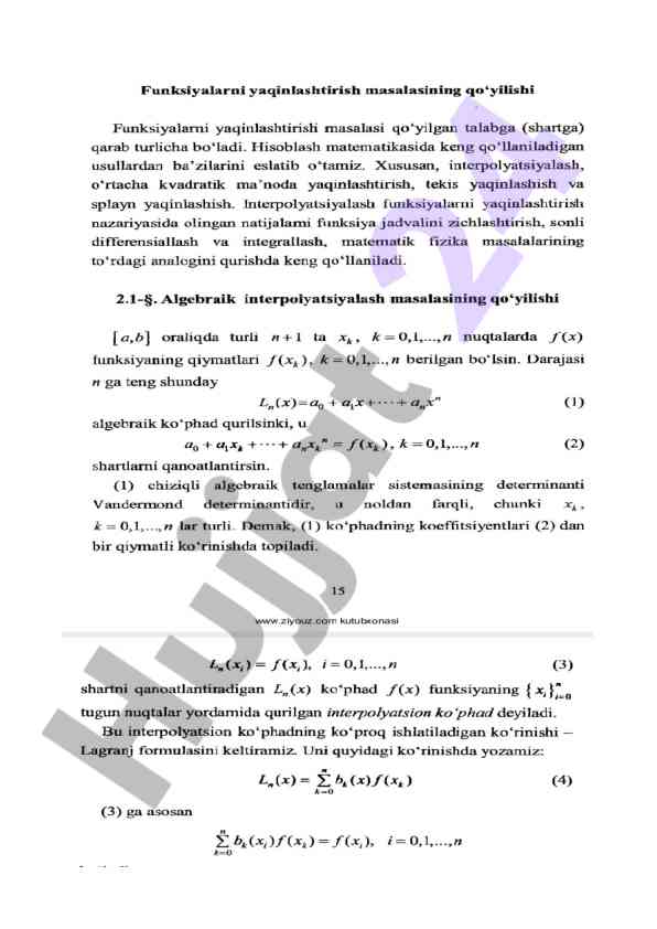 Funksiyalarni yaqinlashtirish masalasining qo'yilishi