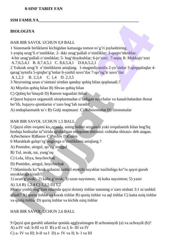8-sinf biologiya test savollari