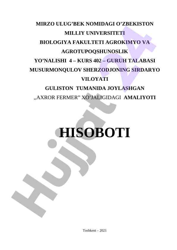 Agrokimyo va agrotuproqshunoslik amaliyoti hisoboti