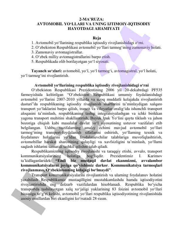 Avtomobil yo‘llari va ijtimoiy-iqtisodiy ahamiyati
