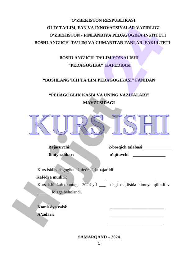 Boshlang'ich talim pedagogikasi kurs ishining mavzusi