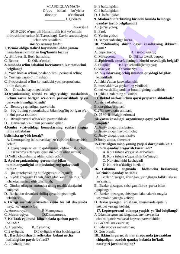 Test savollari hamshiralik ishi yonalishi uchun