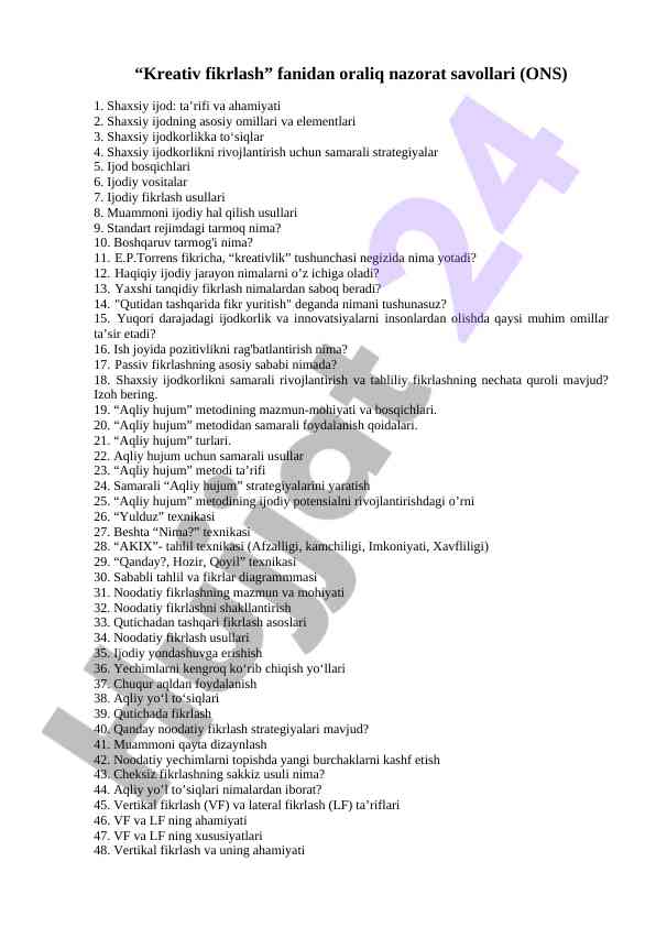Kreativ fikrlash fanidan oraliq nazorat savollari