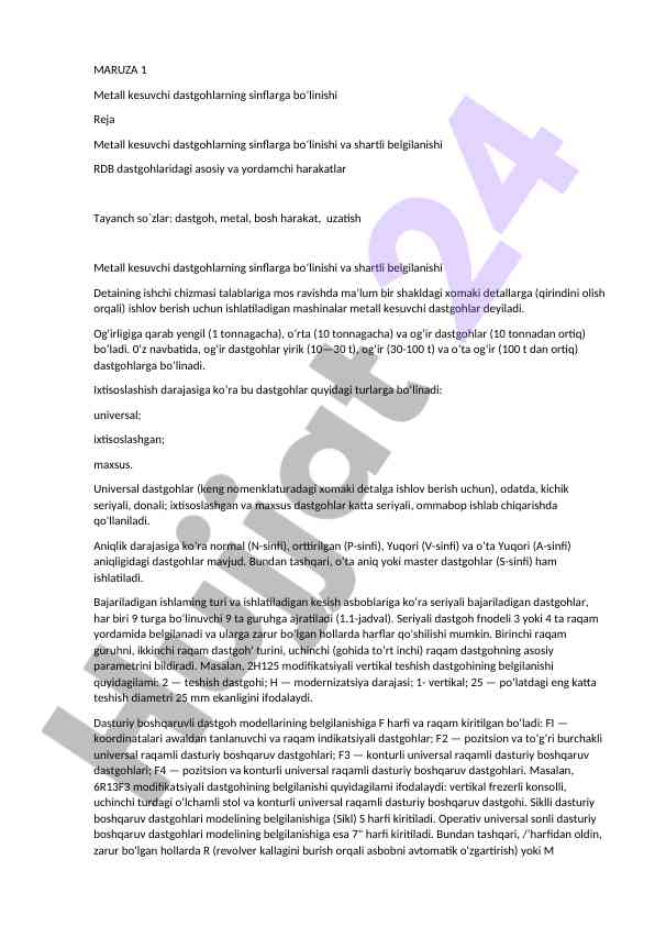 Metall kesuvchi dastgohlarning sinflarga bo‘linishi
