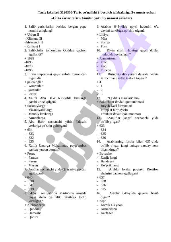 O'rta asrlar tarixi yakuniy nazorat savollari