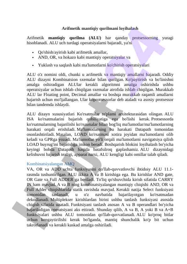 Arifmetik mantiqiy qurilma loyihalash umumiy qoidalari