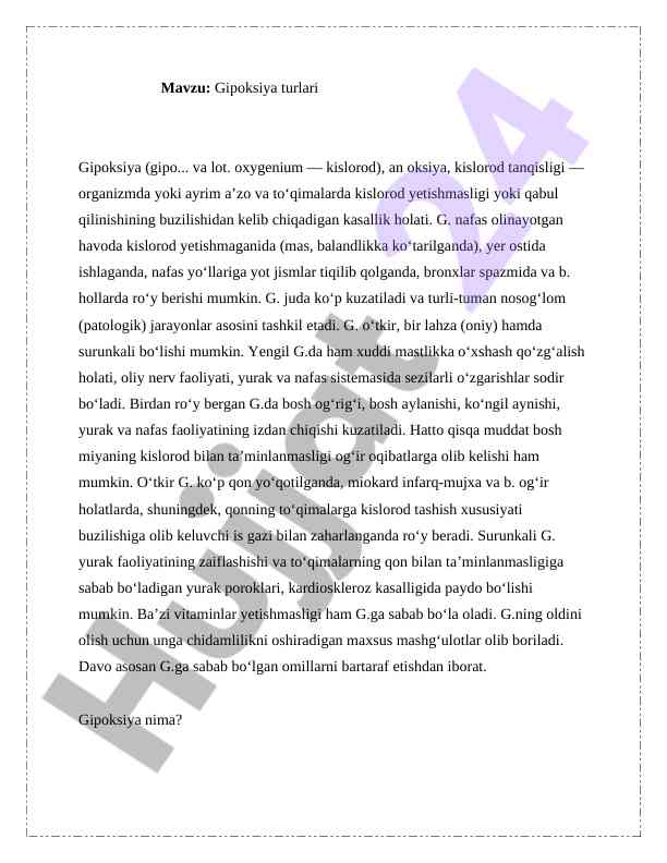 Gipoksiya turlari va sifatlari