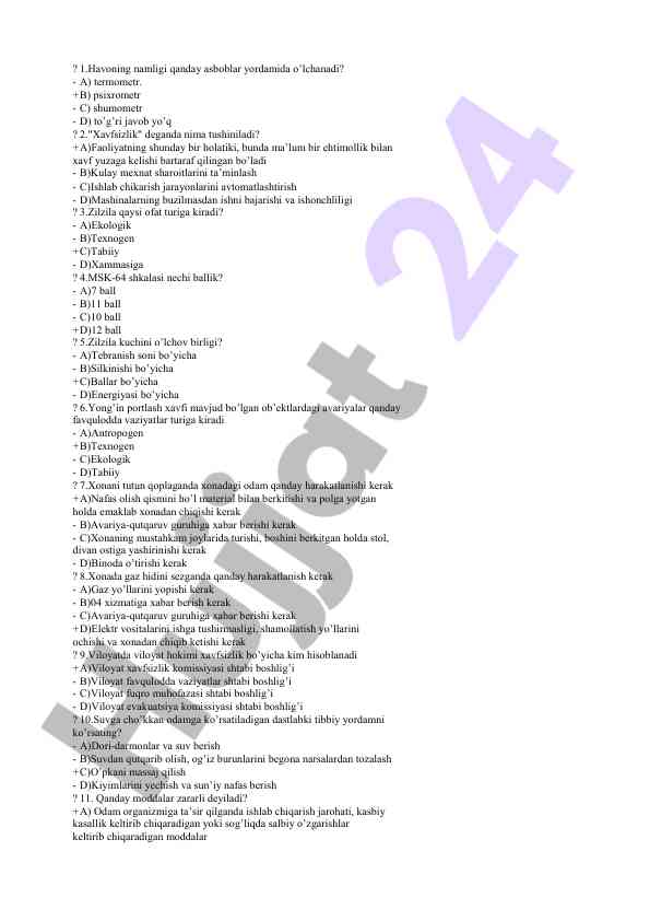 Xavfsizlik va tabiiy ofatlar bo'yicha test