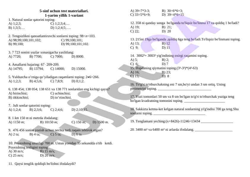 5-sinf uchun test materiallari 1-yarim yillik