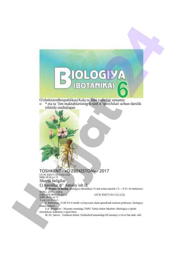 Biologiya darsligi 6-sinf o‘quvchilari uchun