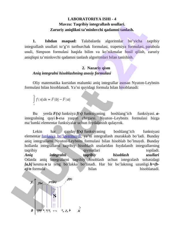 Taqribiy integrallash usullari bo‘yicha laboratoriya ishlari
