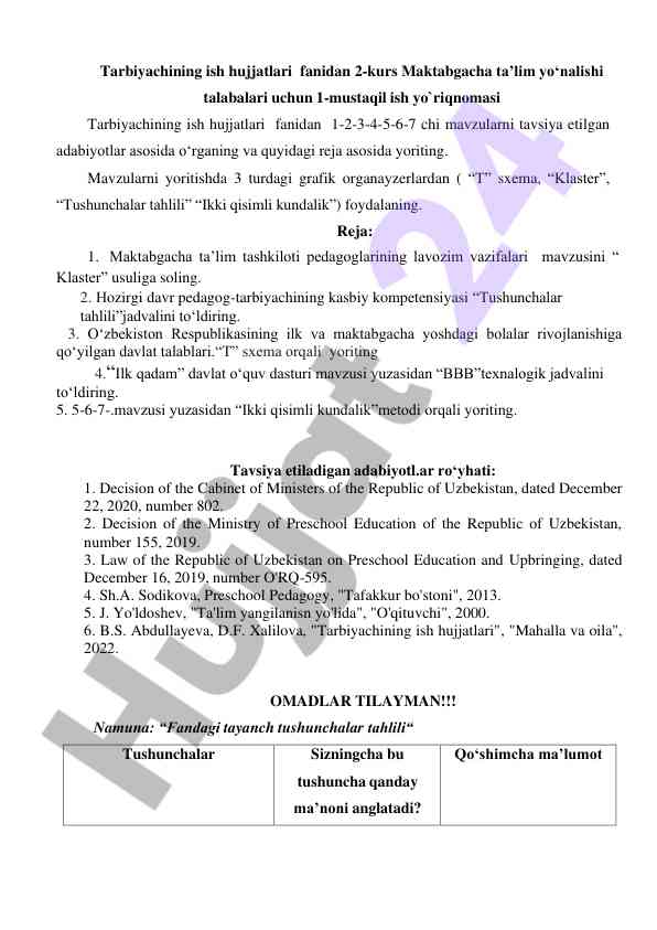 Tarbiyachining ish hujjatlari bo‘yicha mustaqil ish