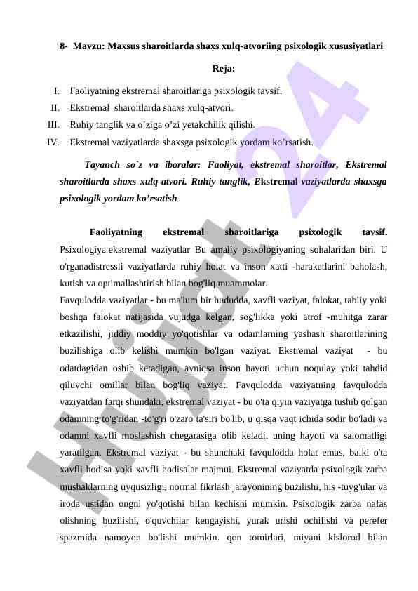 Maxsus sharoitlarda shaxs xulq-atvori psixologiyasi