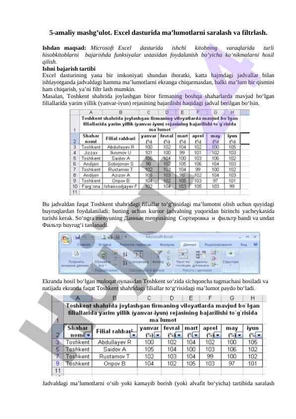 Excel dasturida ma'lumotlarni saralash va filtrlash