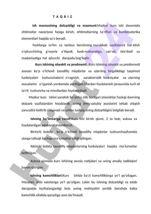 Ehtimollar nazariyasi kurs ishining mazmuni