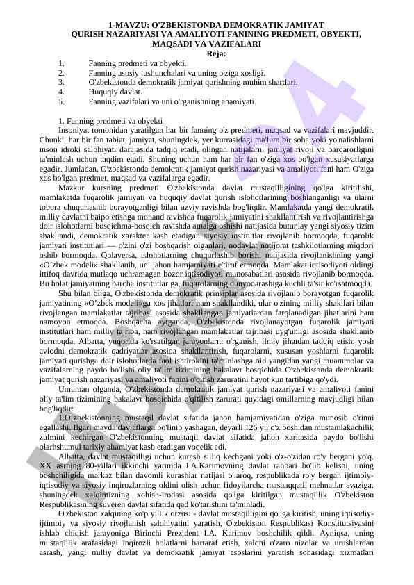 O'zbekistonda demokratik jamiyat qurish nazariyasi