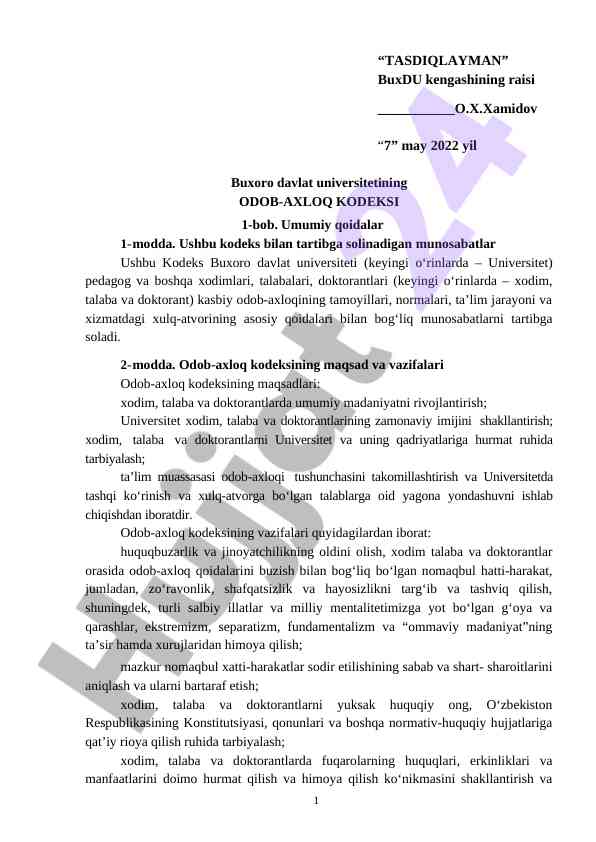 Odob-axloq kodeksi buxdu talabalari uchun