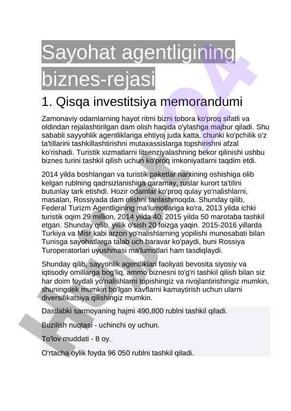 Sayohat agentligining biznes-rejasi va investitsiyalar