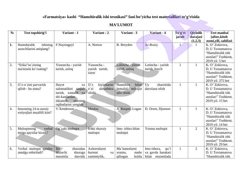 Farmatsiya hamshiralik ishiga doir test materiallari
