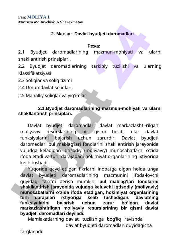 Davlat byudjeti daromadlari tahlili