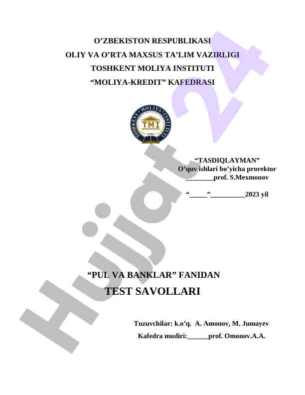 Pul va banklar fani uchun test savollari