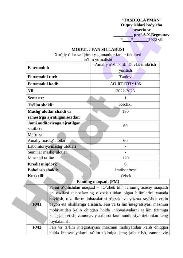 Amaliy o‘zbek tili fan sillabusi 2022-2023