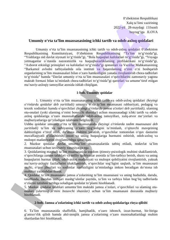 Umumiy o‘rta ta’lim muassasasi qoidalari