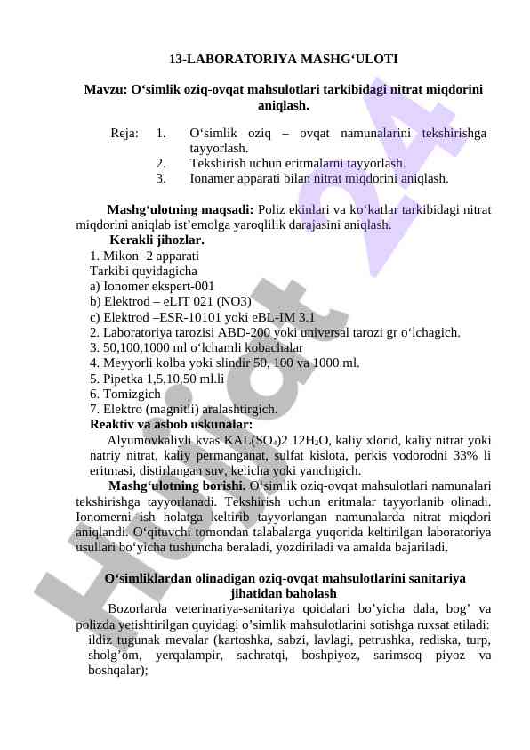 O‘simlik oziq-ovqat mahsulotlaridagi nitrat miqdorini aniqlash