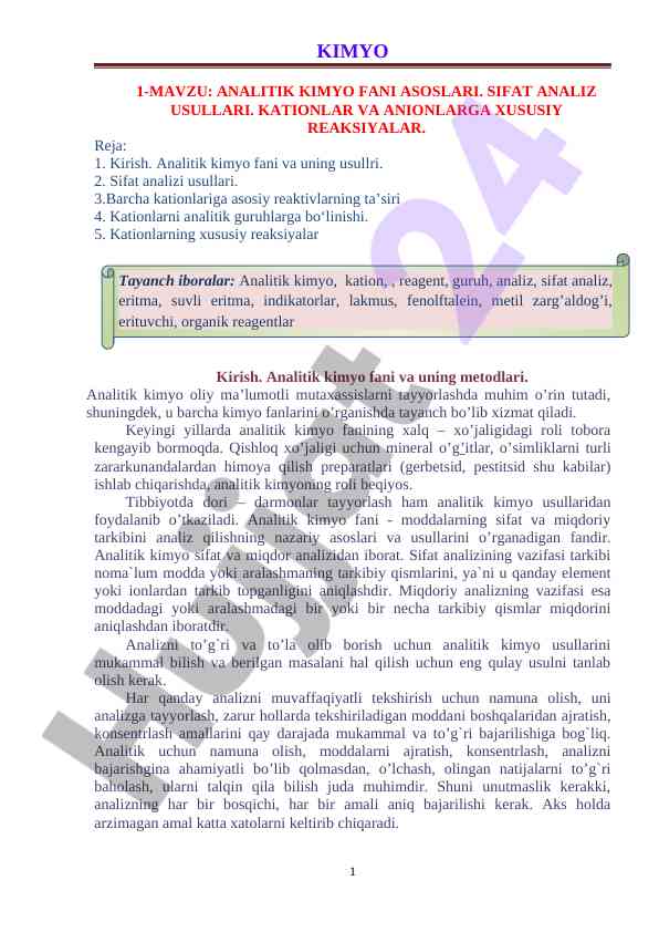 Analitik kimyo fani asoslari va sifat analiz