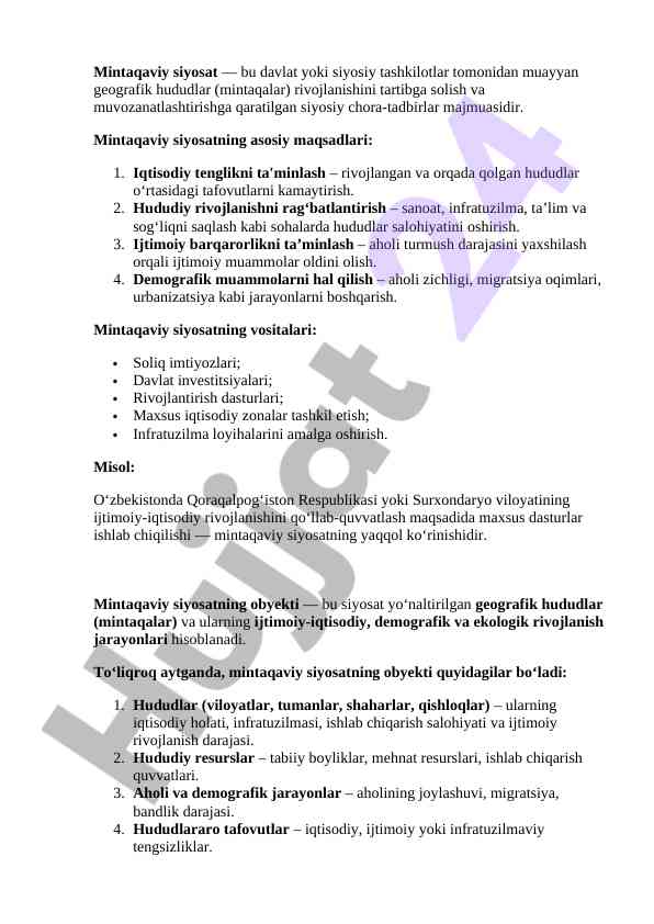 Mintaqaviy siyosatning asosiy maqsadlari va vositalari