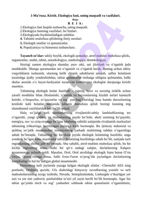 Ekologiya fani va uning maqsadlari
