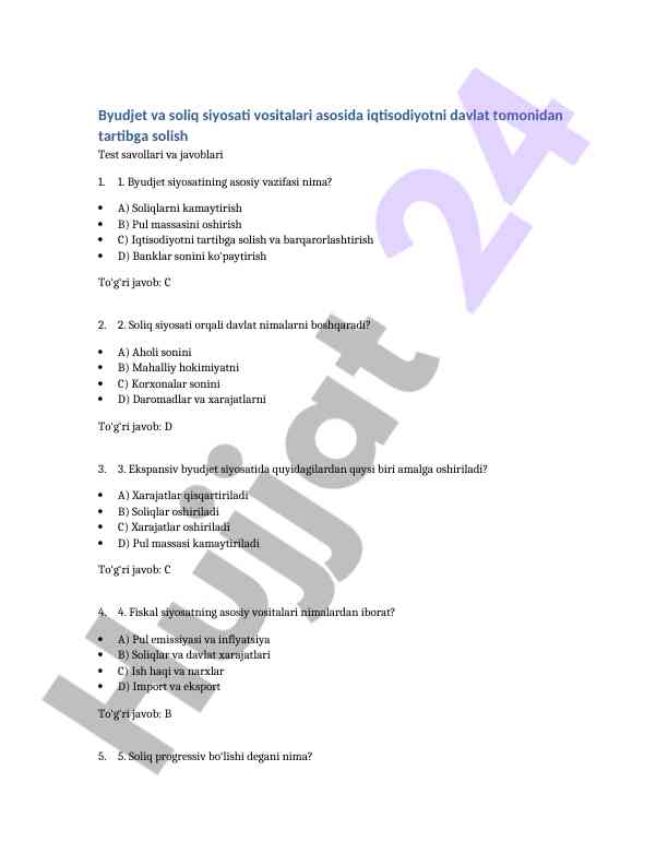 Byudjet va soliq siyosati test savollari