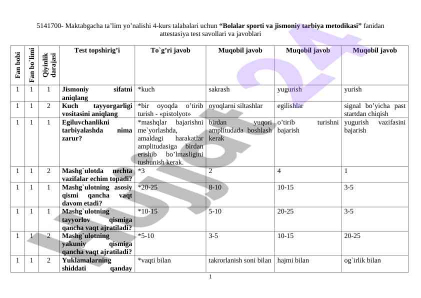 Bolalar Sporti Va Jismoniy Tarbiya Metodikasi Testlari