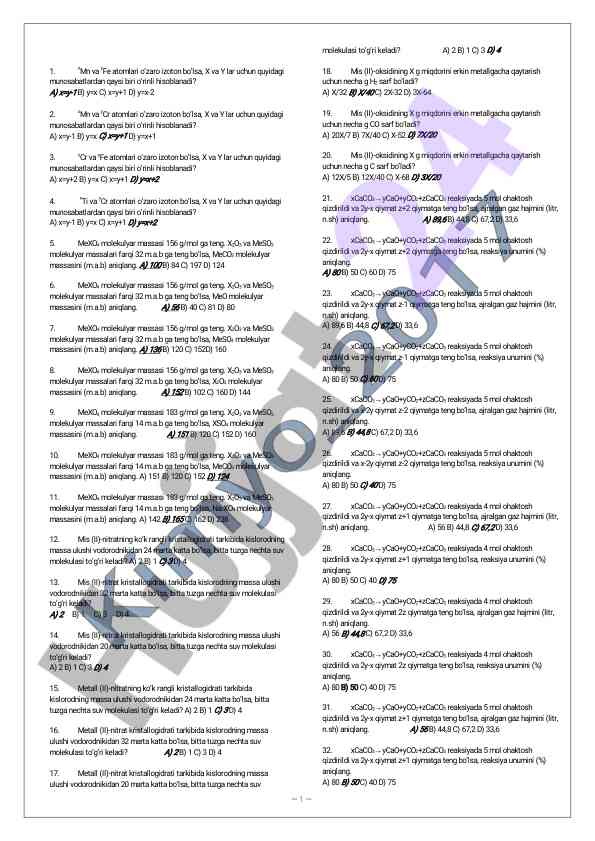 Ximya mavzusidagi test savollari