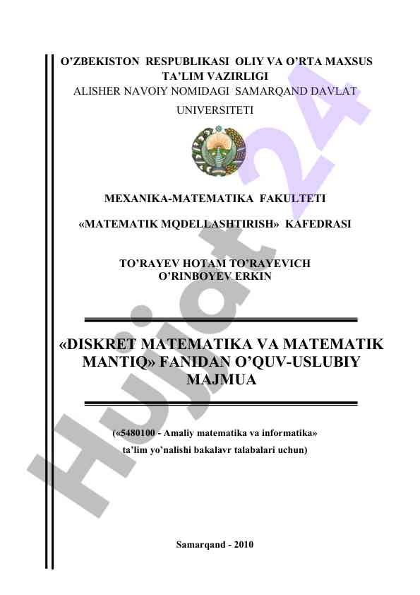 Diskret matematika va matematik mantiq o‘quv uslubiy majmua