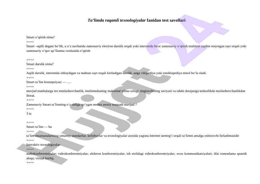 Raqamli texnologiyalar fanidan test savollari