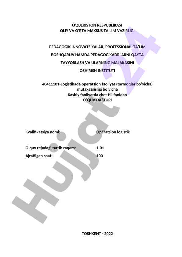 Logistikada operatsion faoliyat o‘quv dasturi