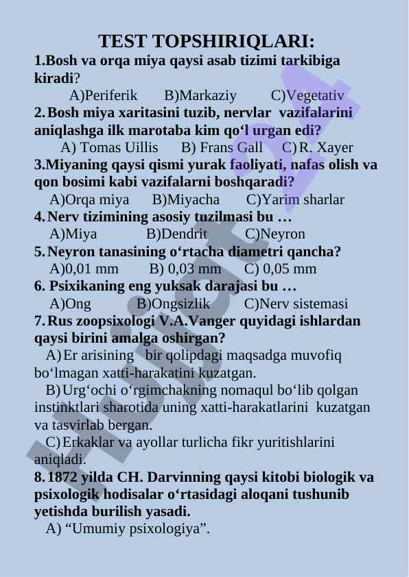 Nerv tizimi bo‘yicha savollar