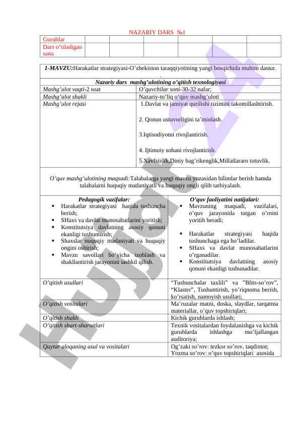 Harakatlar strategiyasi o‘zbekistonda dars rejasi