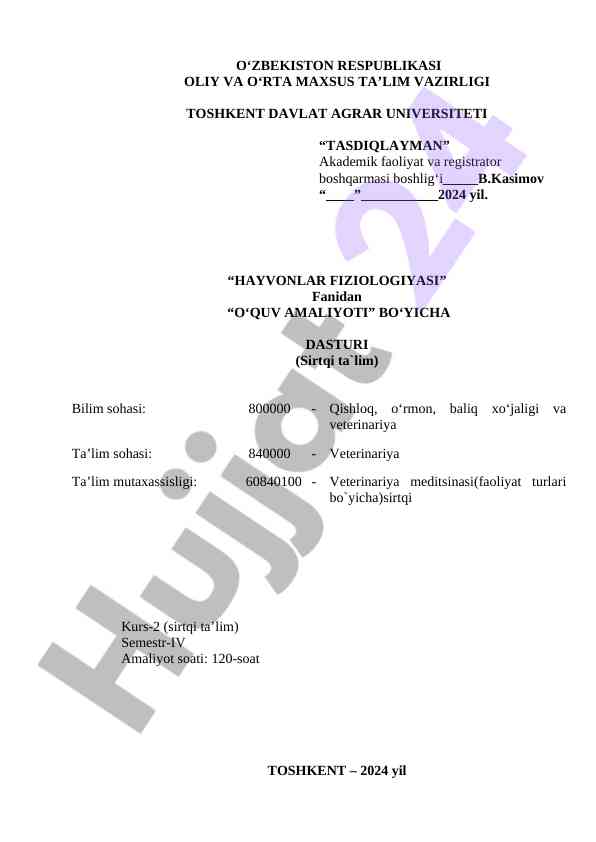 Hayvonlar fiziologiyasi amaliyoti dasturi 2024