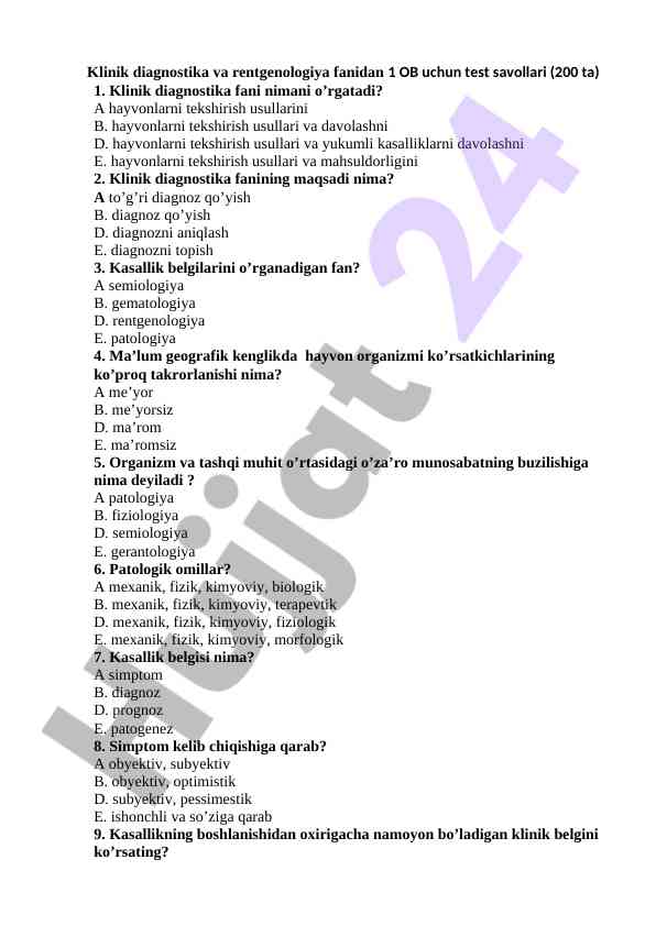 Klinik diagnostika va rentgenologiya fanidan test savollari
