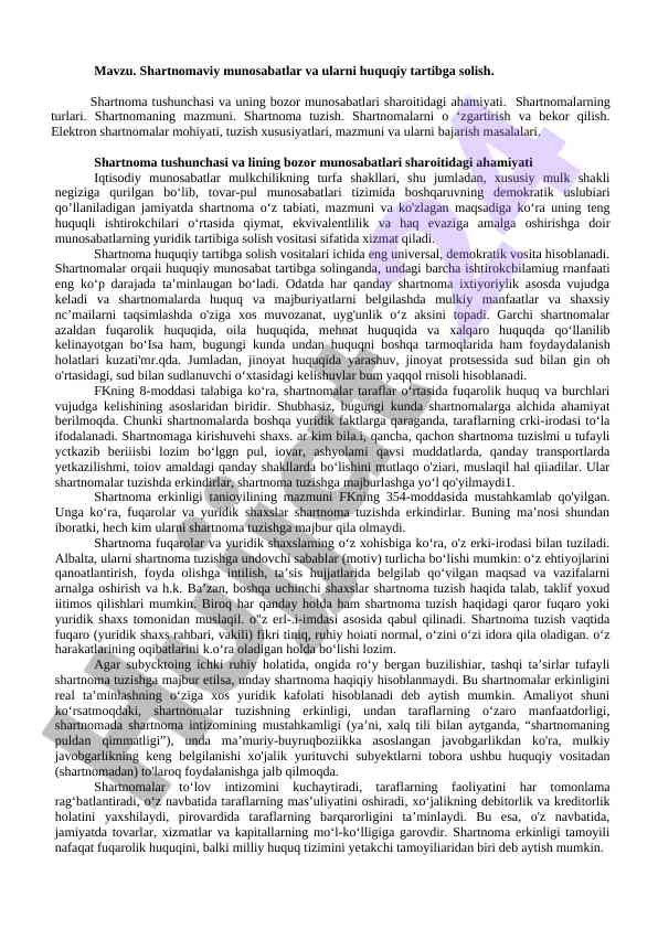 Shartnomaviy munosabatlar va ularning huquqiy tartibi