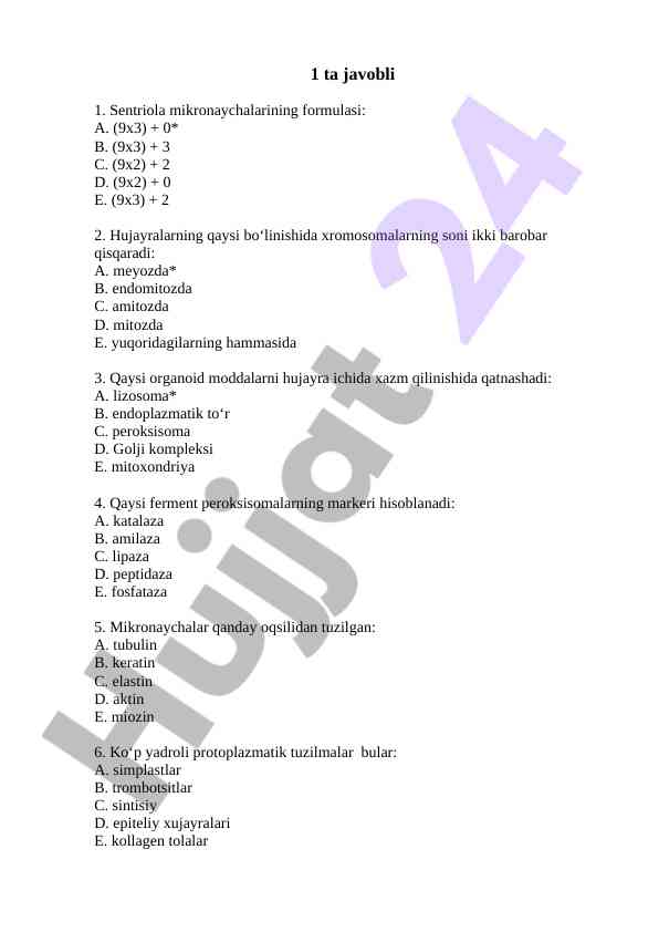 Hujayra bo‘linishi va mikronaychalar haqida test