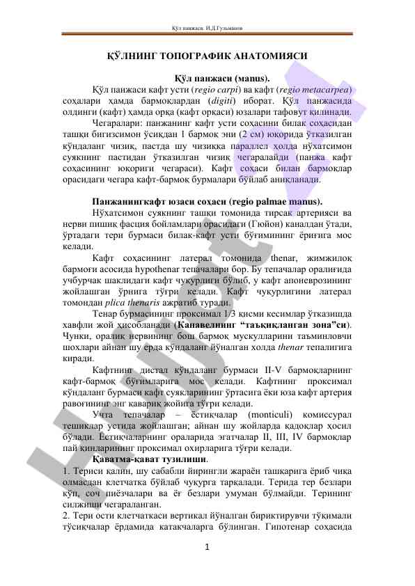 Qol panjasi: topografik anatomiyasi va qismalari